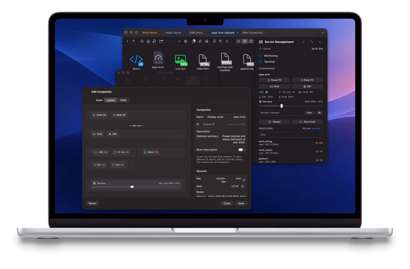 Editing a Companion layout on Mac, with the live panel in Server Management
