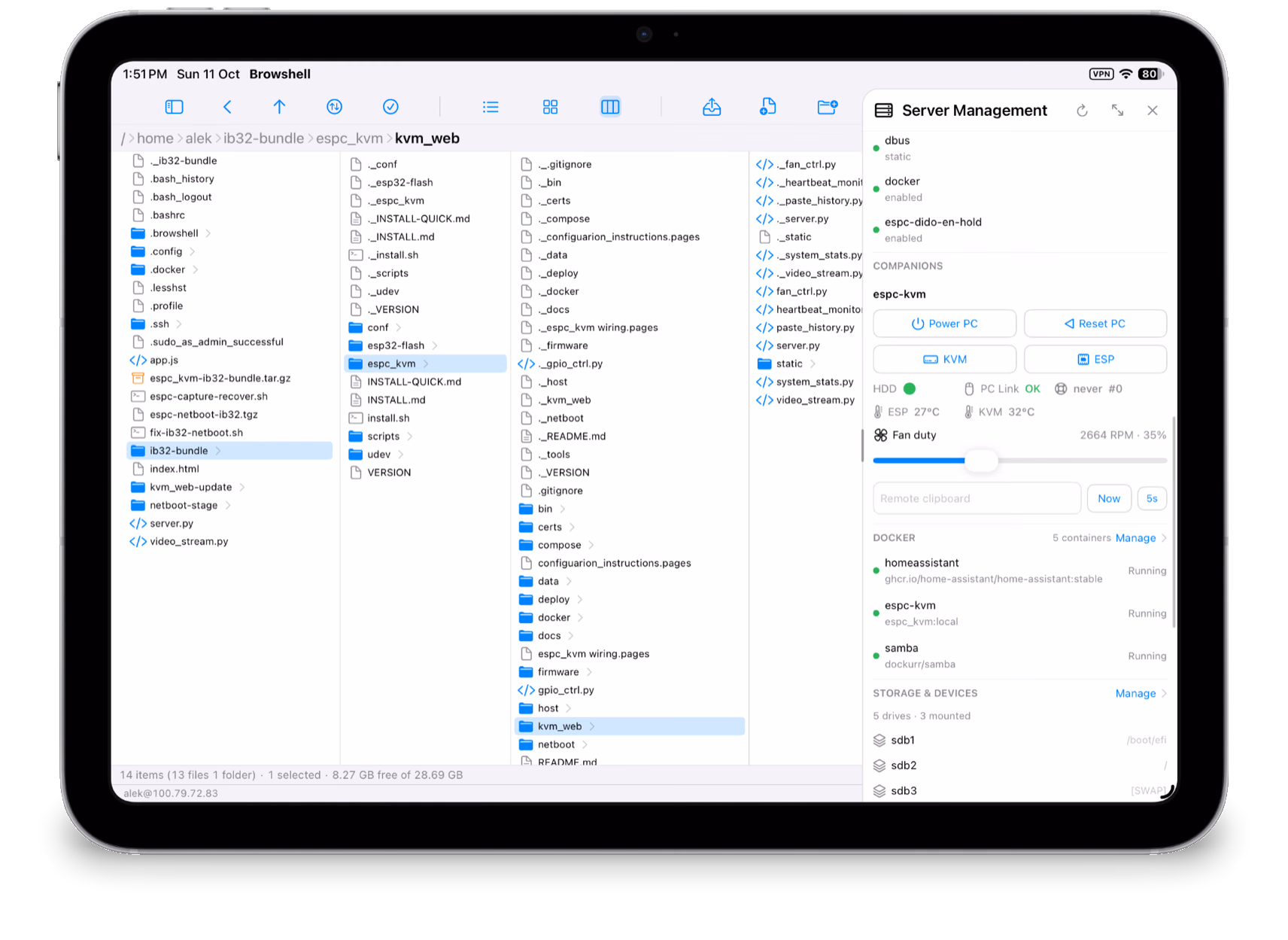 Column file browser on iPad, with Server Management alongside