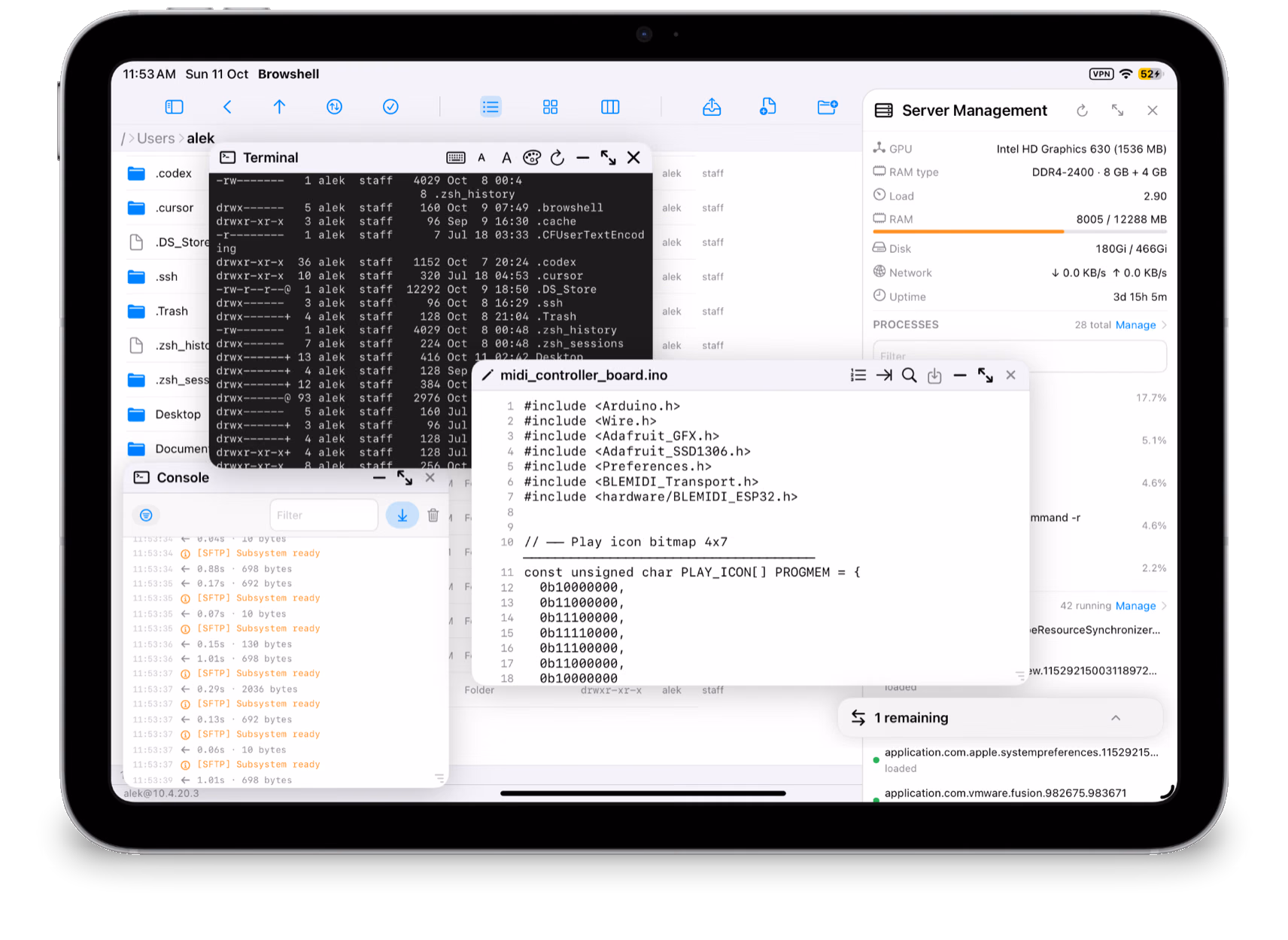 Terminal, editor, transfer console, and Server Management floating over files on iPad