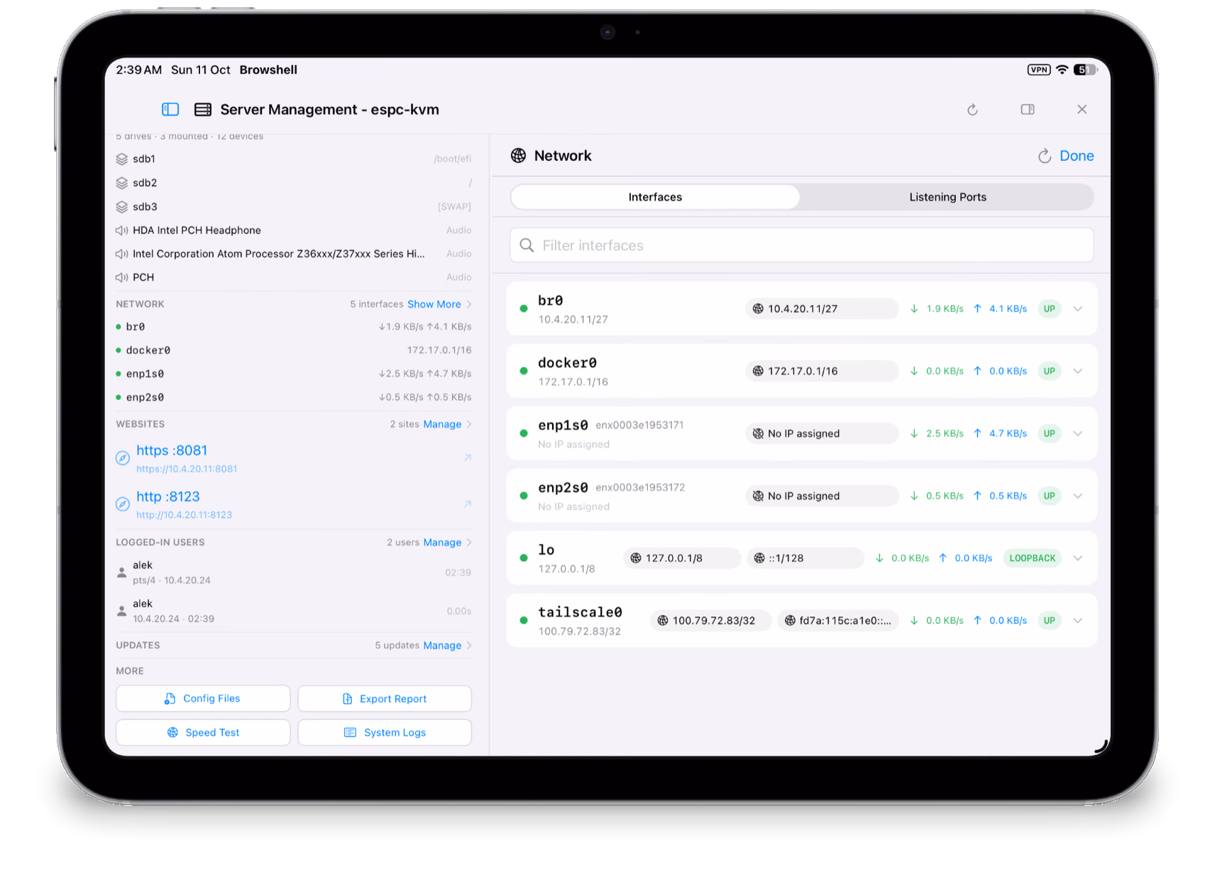 Network interfaces in Server Management on iPad