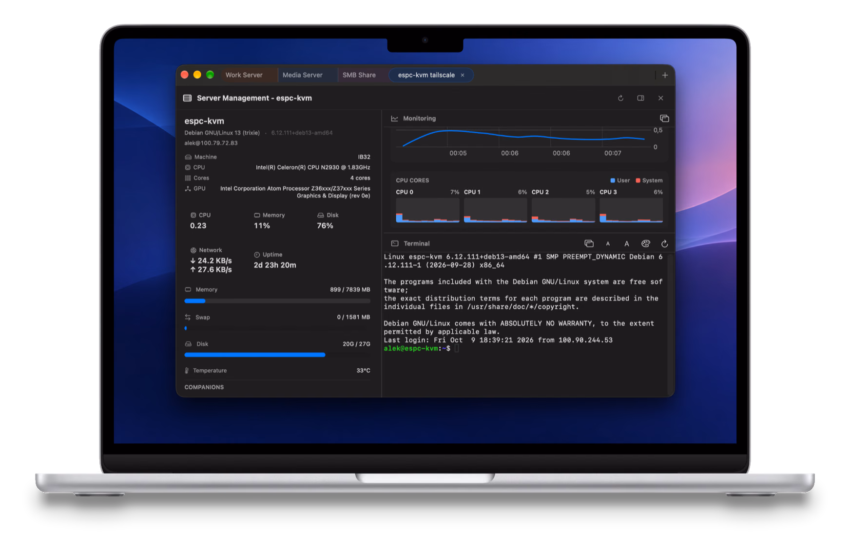 Server Management on Mac with live CPU, memory, disk, and a terminal
