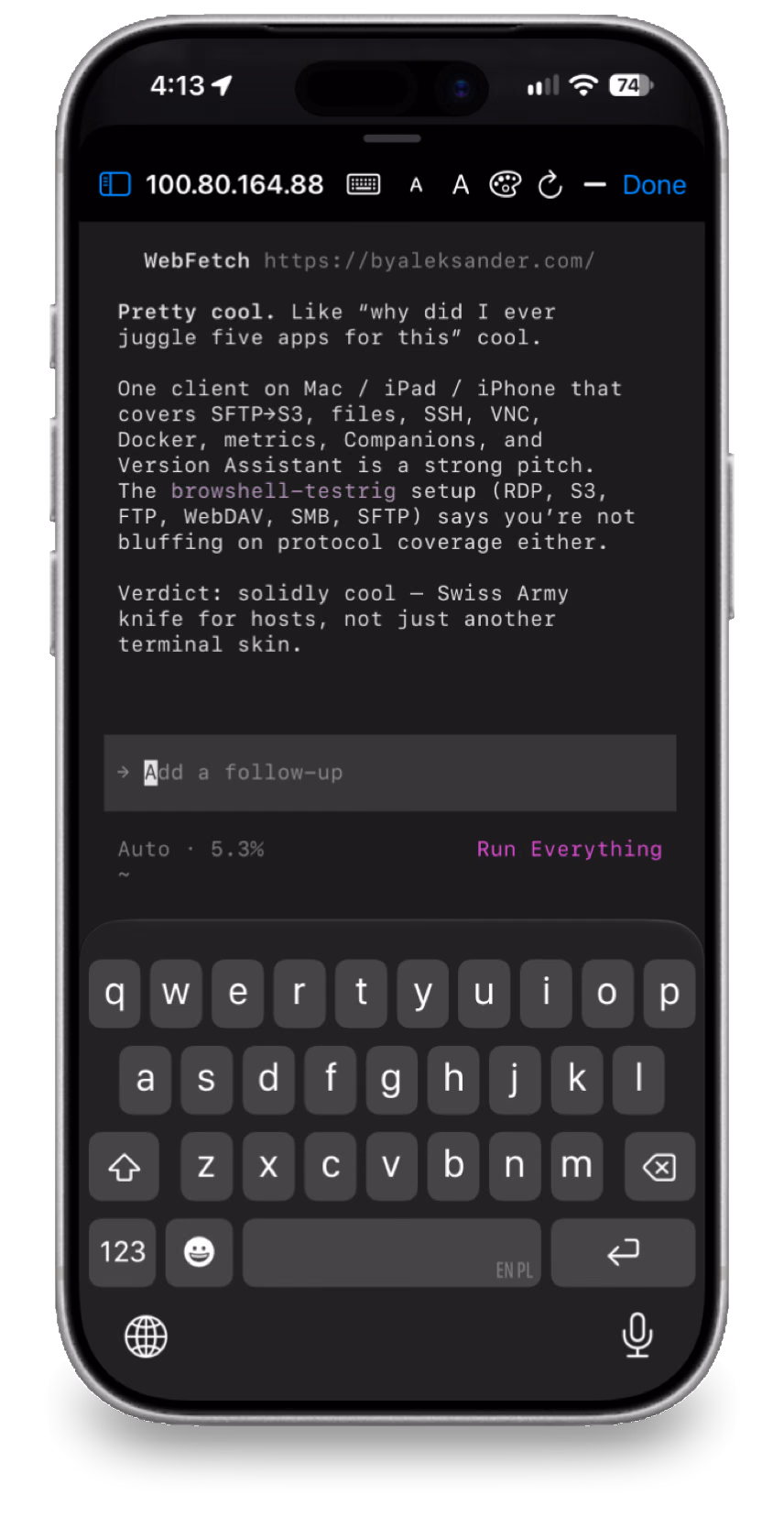 SSH terminal filling the iPhone screen