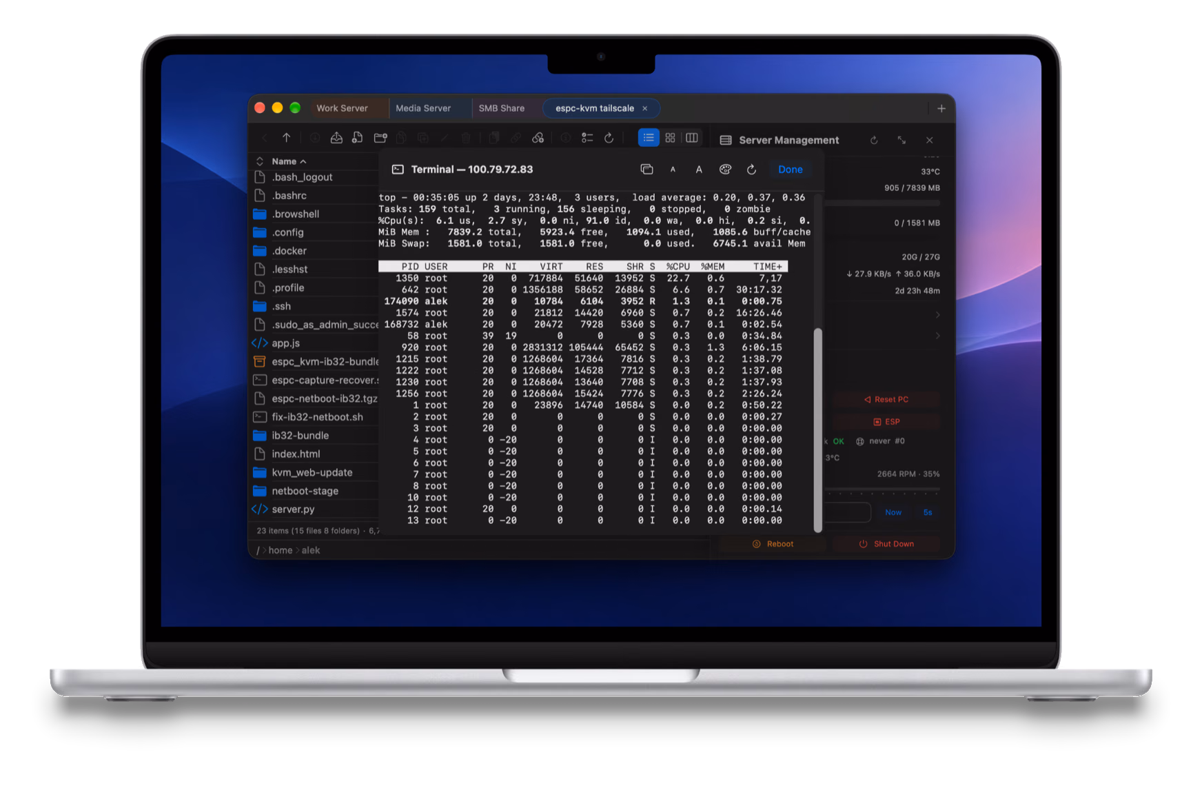 SSH terminal on Mac, floating over the file browser and Server Management