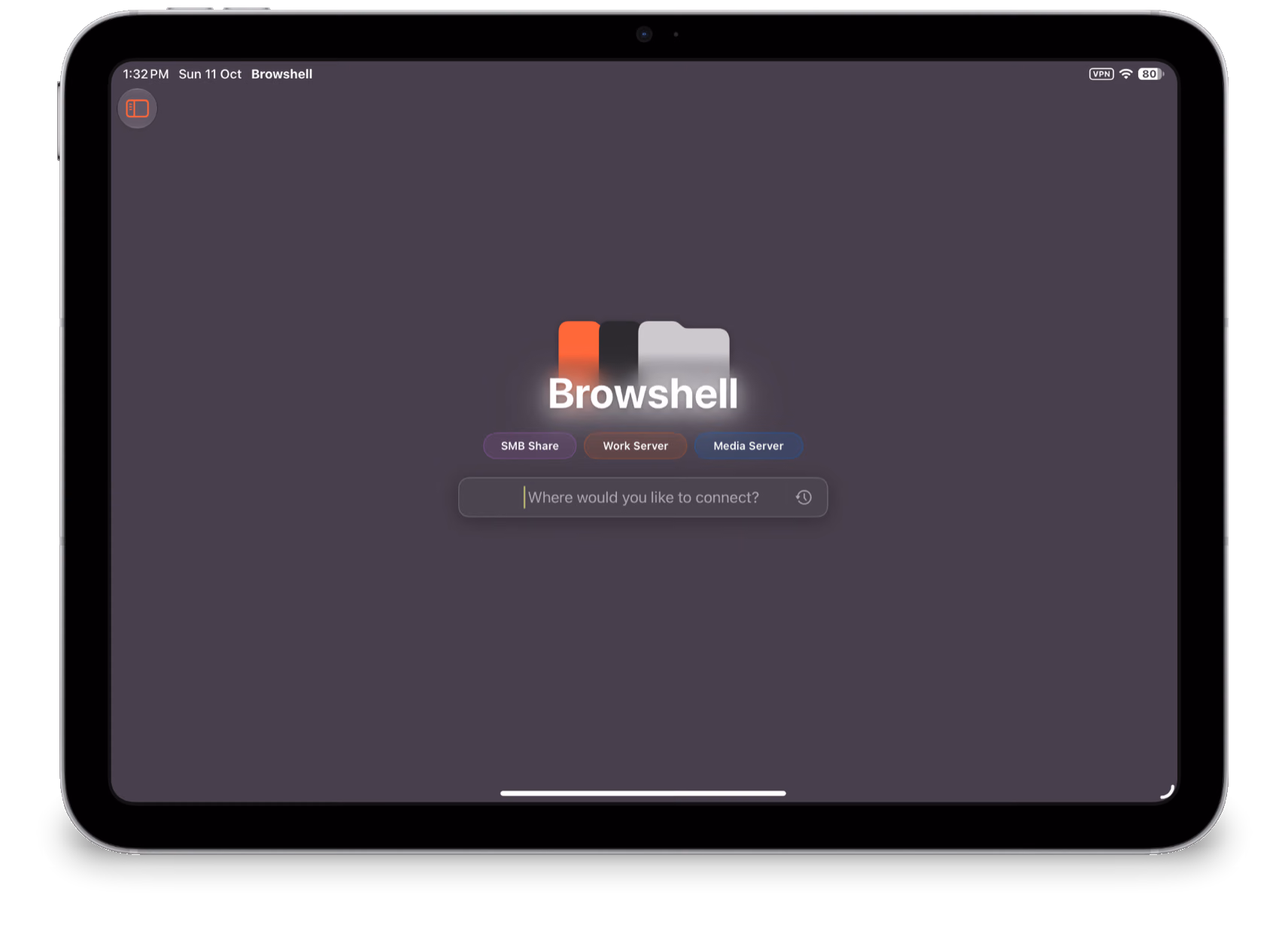 Browshell welcome screen on iPad, with pinned hosts ready to open
